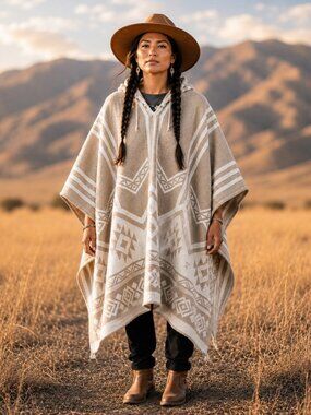 Unisex Hooded Poncho - Handwoven 100% Highland Wool Geometric Western Cloak